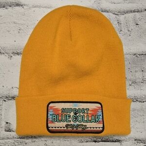 Troll Co Support Blue Collar Knit Beanie Mustard Yellow Cuffed Hat